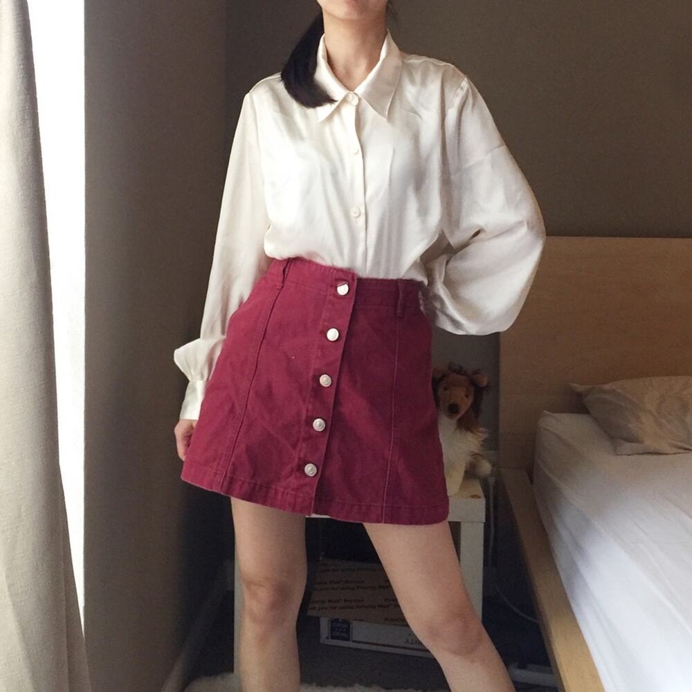Forever 21 Button Down Denim Skirt In Maroon.-NA9